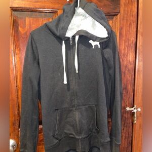 PINK Victoria's Secret Black Hoodie with White Dog Logo Fuzzy Inside. Medium